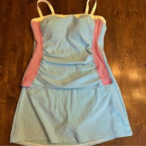 Lands End Swimsuit Two Piece 16 Seersucker Beach Pool Resortwear Tankini Skirt